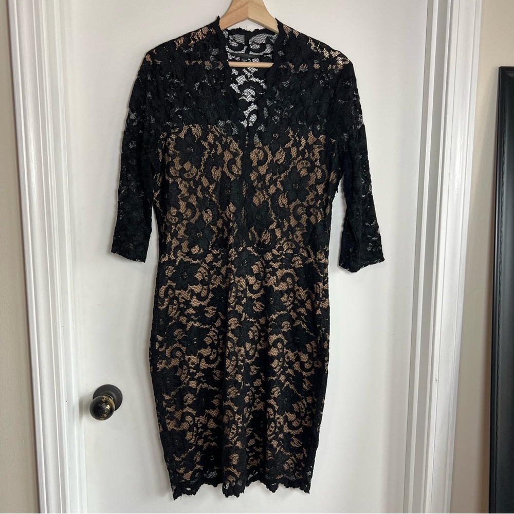 Karen Kane Black Lace Nude Slip Scalloped Hem‎ V Neck Midi Dress, Size Large